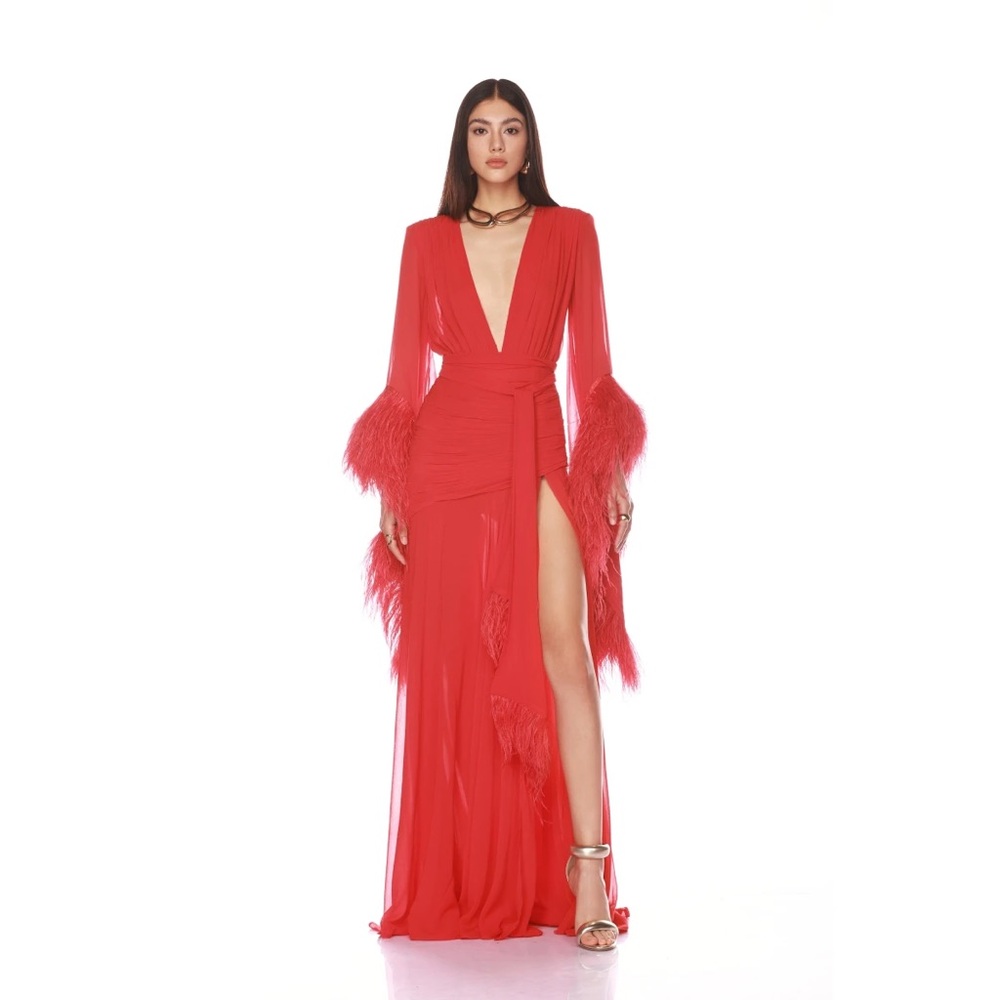 NEW BRONX AND BANCO Geisha gown Red Feather-Trim Deep V Long Sleeve Evening Gown